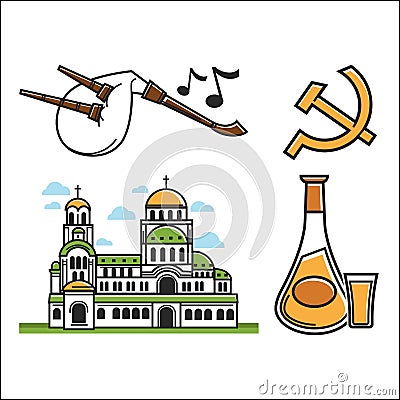 Bulgaria symbols church building and drink musical instrument Vector Illustration