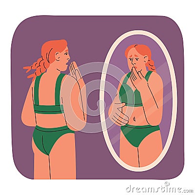 Bulimia, anorexia, phobia of overweight concept. Woman looks in mirror, fear to eat, afraid about weight, control Vector Illustration