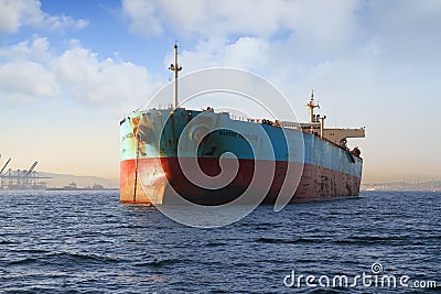 Bow view of bulk carrier ship Maersk Privilege anchored in Algeciras bay in Spain. Editorial Stock Photo