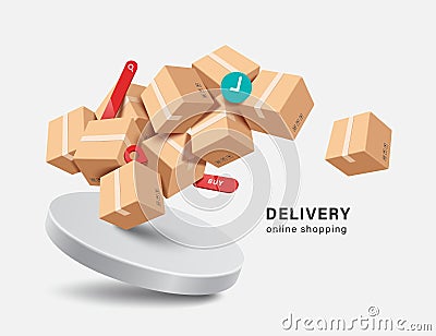 bulk parcel boxes or cardboard box and pins, buy icon, order confirmation icon, search bar Floating in air above a white round Vector Illustration