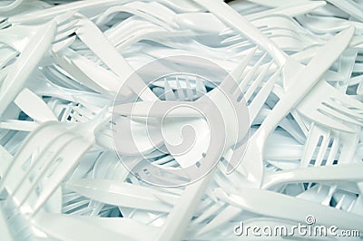 White Plastic Forks/Single-Use Plastics Stock Photo