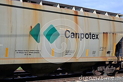 Bulk railcar of Canadian Potash raw material with brand name Canpotex Editorial Stock Photo