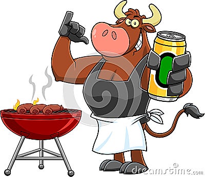 Bull Bbq Chef Cartoon Mascot Character Grilling Sausages Holding A Beer Can Vector Illustration