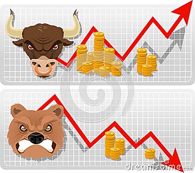 Bull and bear arrow economy business chart with golden coins Cartoon Illustration