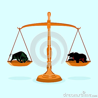 Vector Bull and bear on balanced scales. Stock market concept. Neutral trend Vector Illustration