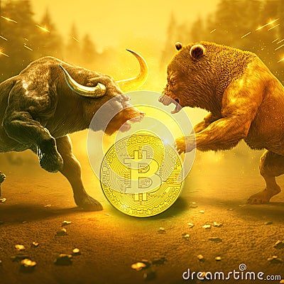 Bull and bear fighting for Bitcoin Stock Photo