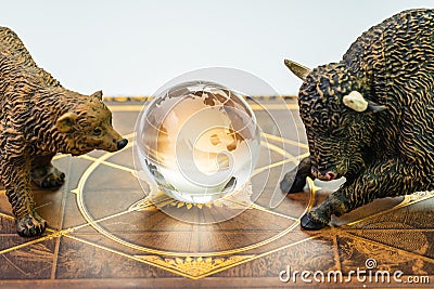 Bull and bear market, world stock exchange symbol for high and low season concept, bear and bull figures with the shinny globe Stock Photo