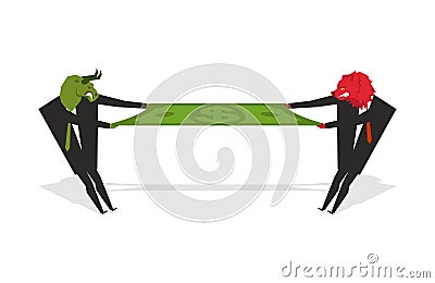 Bull and Bear share profits. Two businessmen pulling dollar. Tr Vector Illustration