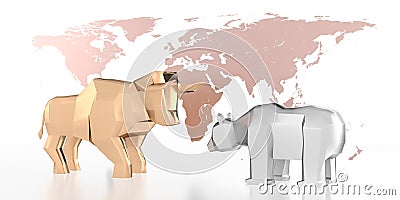 Bull and bear, world map - market/ finance/ stock concept Cartoon Illustration