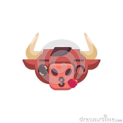 Bull blowing kiss emoji flat icon Vector Illustration