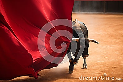 Bull in bullfight arena with large red cloth Stock Photo