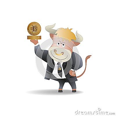 Bull businessman demonstrates bitcoins. Vector Illustration