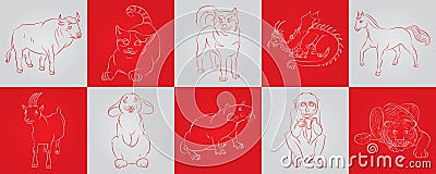 Bull, cat, dog, dragon, goat, horse, monkey, rabbit, rat, tige Vector Illustration