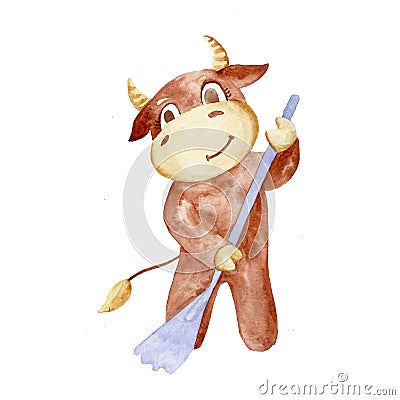 Bull character for the calendar. Gathers dry grass, subbotnik. Made in watercolor Stock Photo