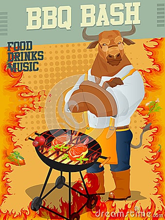 Bull Chef Cartoon Mascot Character grilling Barbecue. Summer Barbecue weekend flyer. Vector Illustration