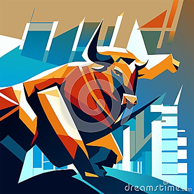 Bull in the city. Vector illustration. Stylized image. Generative AI Vector Illustration