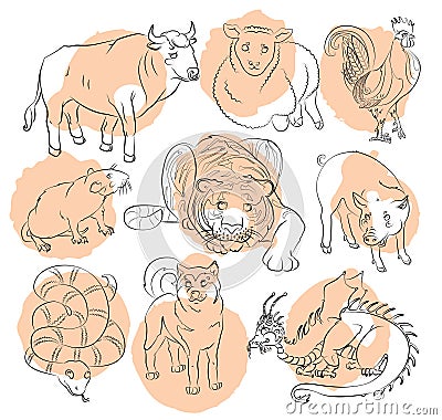 Bull, cock, dog, dragon, pig, rat, sheep, snake, tiger Vector Illustration