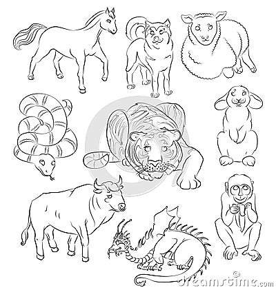 Bull dog dragon horse monkey rabbit sheep snake-tiger Vector Illustration