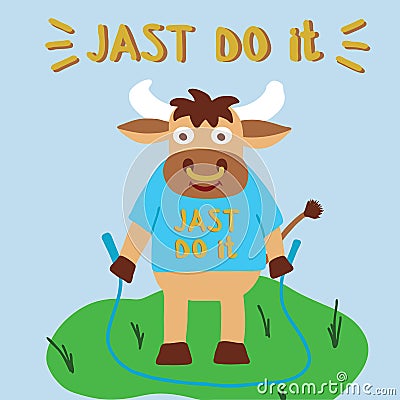 Bull doing a workout with jumping rope outdoors, lettering just do it, symbol 2021 year, raster Cartoon Illustration