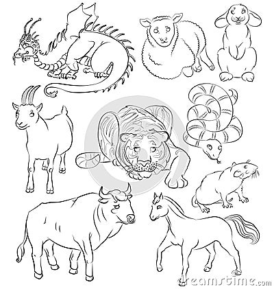 Bull, dragon, goat, horse, rabbit, rat, sheep, snake, tiger Vector Illustration