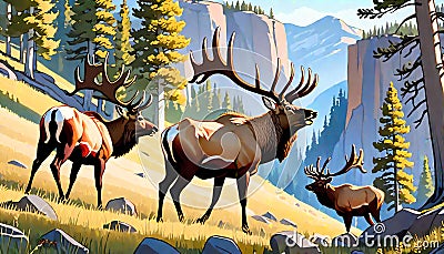 Bull elk antlers high mountains rugged country Cartoon Illustration