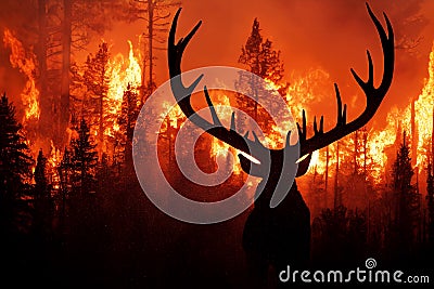 Bull Elk Fleeing a Forest Fire Stock Photo