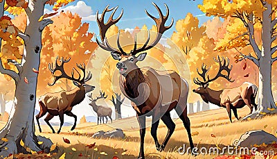 Bull elk wildlife bugling herd antlers Cartoon Illustration