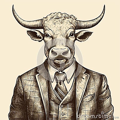 Vintage-inspired Bull Portrait: Charming Black And White Illustration Cartoon Illustration