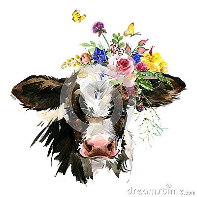Bull. farm animal illustration. Watercolor hand drawn calf Cartoon Illustration