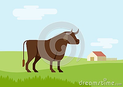 Bull farm grass field habitat flat design cartoon vector wild animals Vector Illustration