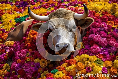 Bull flowers colorful sitting. Generate Ai Stock Photo