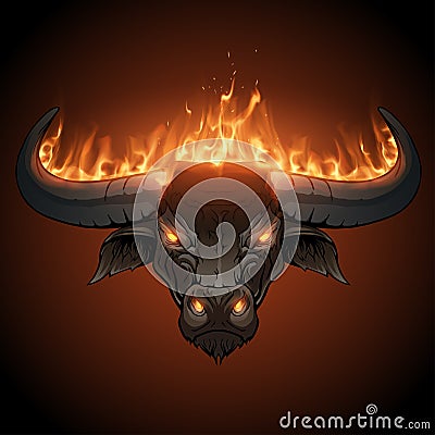 Bull head in fire Cartoon Illustration