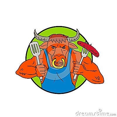 Bull Holding Barbecue Sausage Drawing Color Vector Illustration