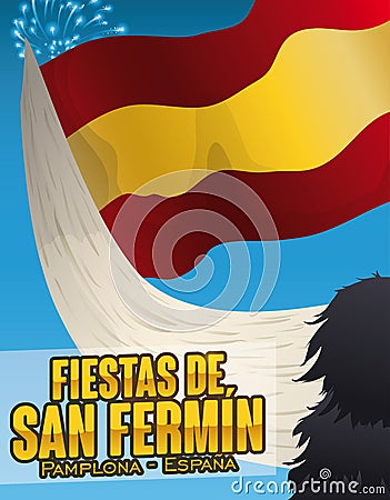 Bull Holding a Spain Flag and Fireworks for San Fermin, Vector Illustration Vector Illustration