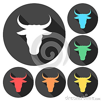 Bull icons set with long shadow Vector Illustration