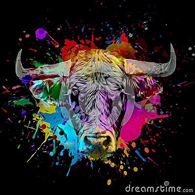 Bull illustration with colorful splashes, paint splashes art design Cartoon Illustration