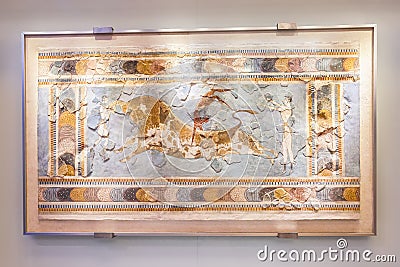 Bull Leaping Fresco in Heraklion Archaeological Museum at Crete Editorial Stock Photo