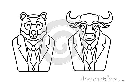 Bull line icon representing a bullish market. Bear line icon representing a bearish market. investing financial symbols Vector Illustration