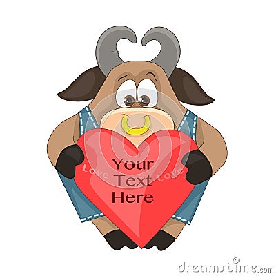 A bull in love holds his heart. Valentine`s day card. Funny character. Children`s toy. Vector. Vector Illustration