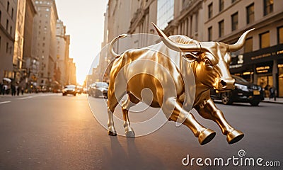 bull market stock exchange rise concept - bull on wall street in financial district Stock Photo