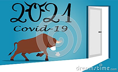 The bull in mask goes to the door of 2021. Opened door for the new year. New Year is coming with new reality. Concept. ext year on Cartoon Illustration