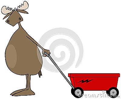 Bull moose pulling a red wagon Stock Photo