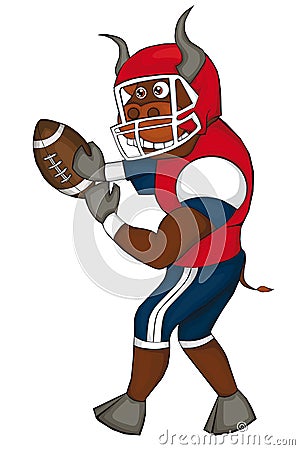 Bull plays American football. Cartoon style. Isolated image on white background. Vector Illustration