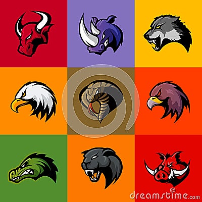Bull, rhino, wolf, eagle, cobra, alligator, panther, boar head isolated vector logo concept. Vector Illustration