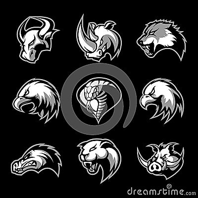 Bull, rhino, wolf, eagle, cobra, alligator, panther, boar head isolated vector logo concept. Vector Illustration