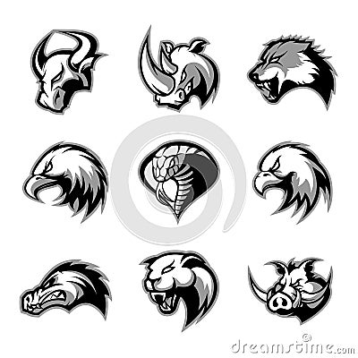 Bull, rhino, wolf, eagle, cobra, alligator, panther, boar head isolated vector logo concept. Vector Illustration