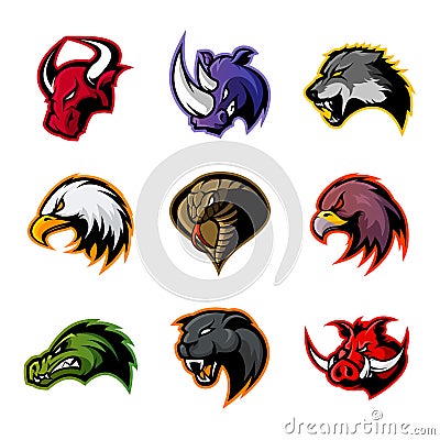 Bull, rhino, wolf, eagle, cobra, alligator, panther, boar head isolated vector logo concept. Vector Illustration