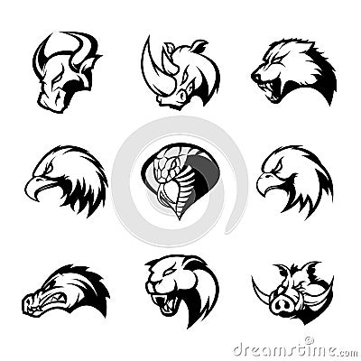 Bull, rhino, wolf, eagle, cobra, alligator, panther, boar head isolated vector logo concept set. Vector Illustration