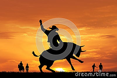 Bull rider silhouette at sunset Stock Photo