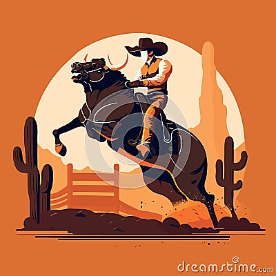 Bull Riding Cowboy Vector Illustration